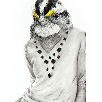 Pencil and watercolor drawing of a sparrow posed as a person